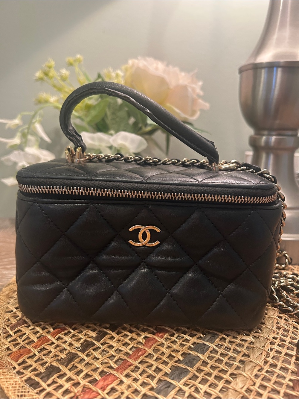Black Quilted Mini Vanity Bag with Gold-Tone Hardware
